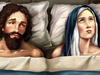Плакат, изображающий Деву Марию в постели с Иосифом, вызвал недовольство прихожан.